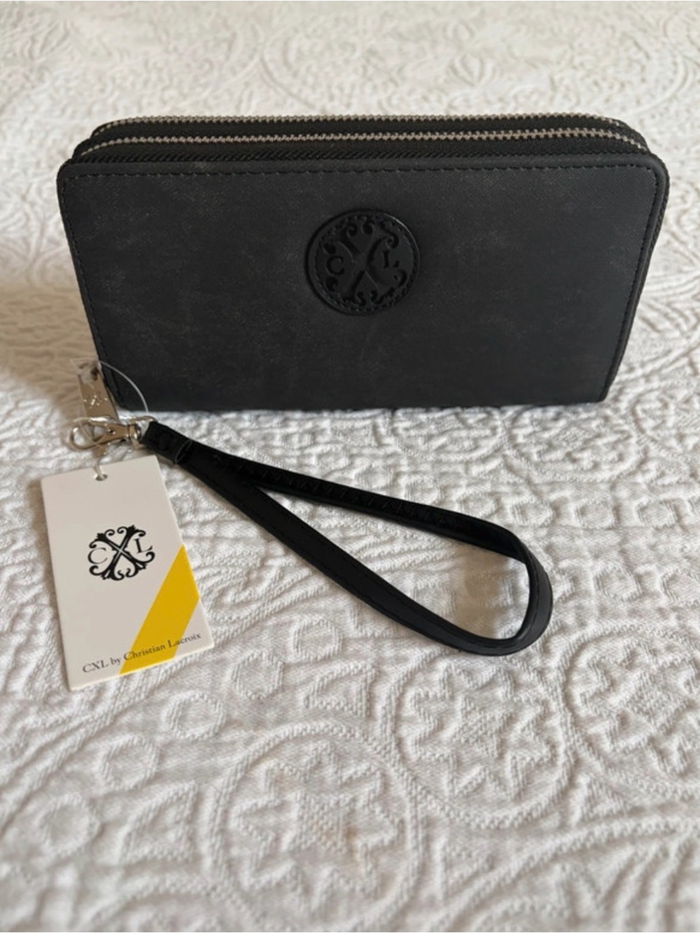 NWT CXL Christian Lacroix Ames PU Black Denim Double Zipper Wallet Wristlet
